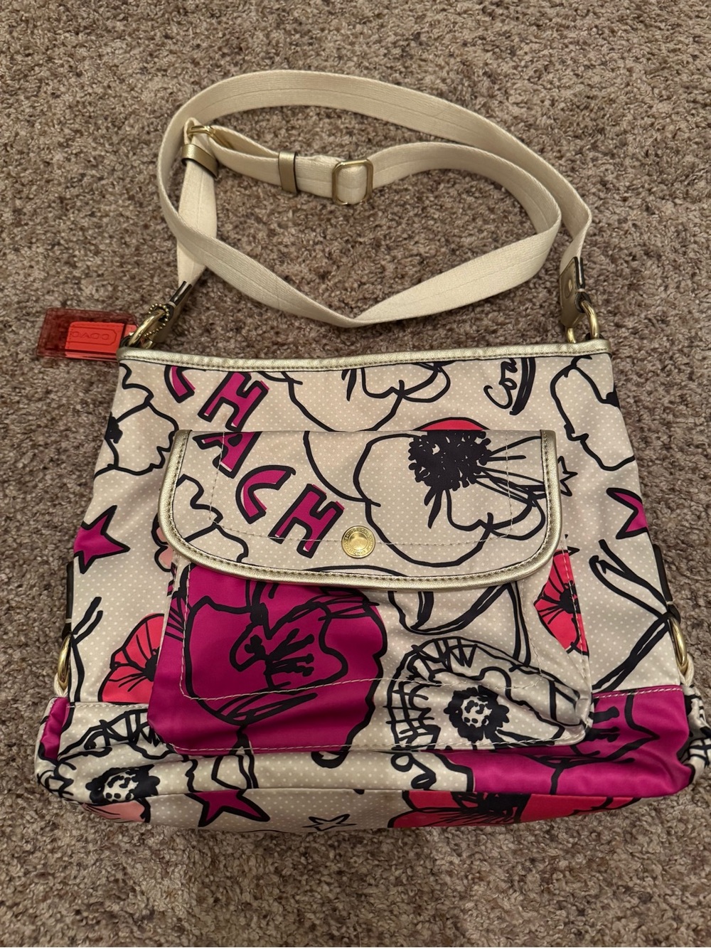 Coach Floral Print Crossbody Bag in Cream and Fuchsia